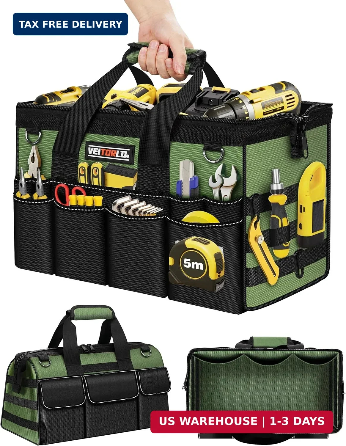 18-Inch Heavy Duty Tool Bag, 19-Pockets Tool Box Organizer, Portable Toolbag W/S