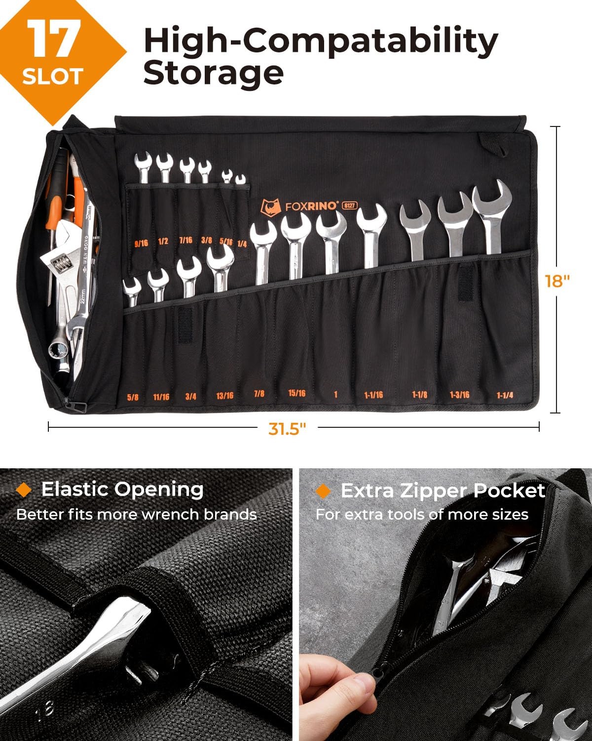 Wrench Roll, Wrench Roll Up Pouch, 17-Pocket Heavy Duty Canvas Wrench Organiz…