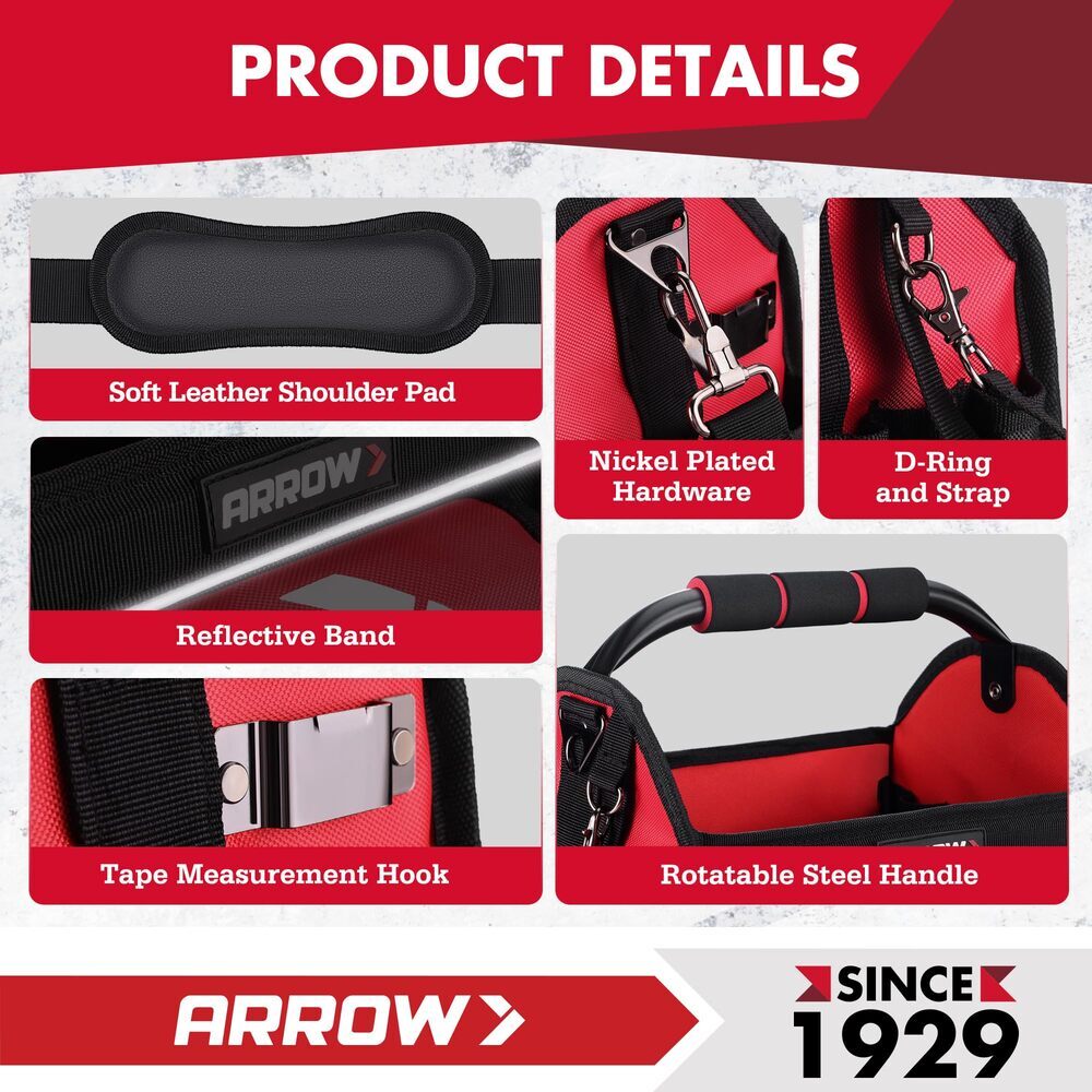 ARROW 12″ Tool Tote w/19 Pocket Hard Base Electrician Tool Bag Open Top Tool Bag