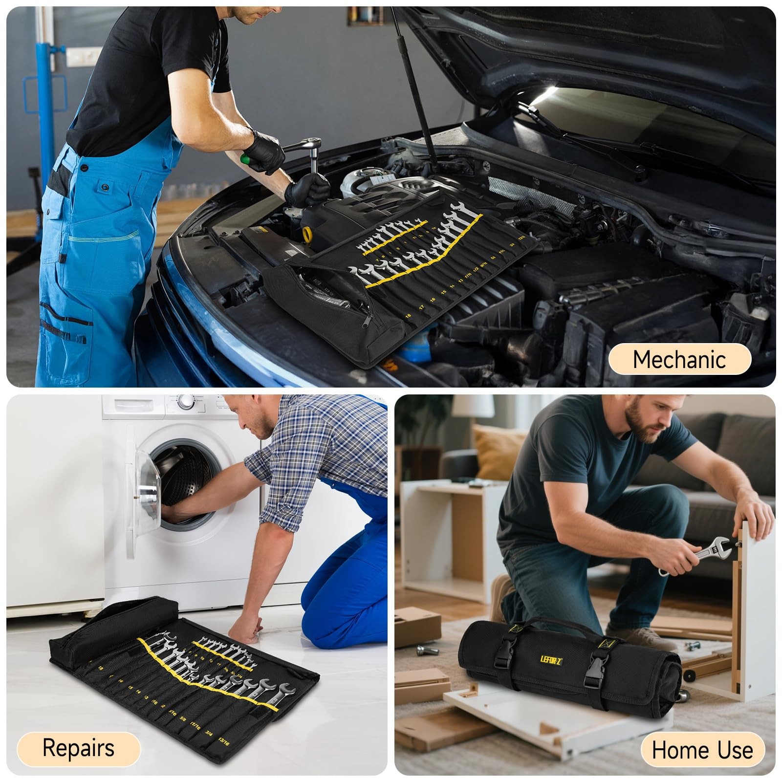23+1 Pockets Wrench Roll Organizer,Wrench Up Pouch,Heavy Duty Tool Black