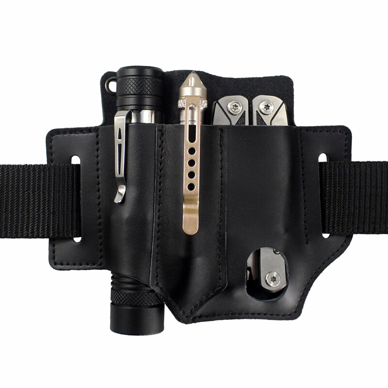 3-Pocket Belt Leather Tools Sheath Pouch EDC Pen Knife Flashlight Organizer