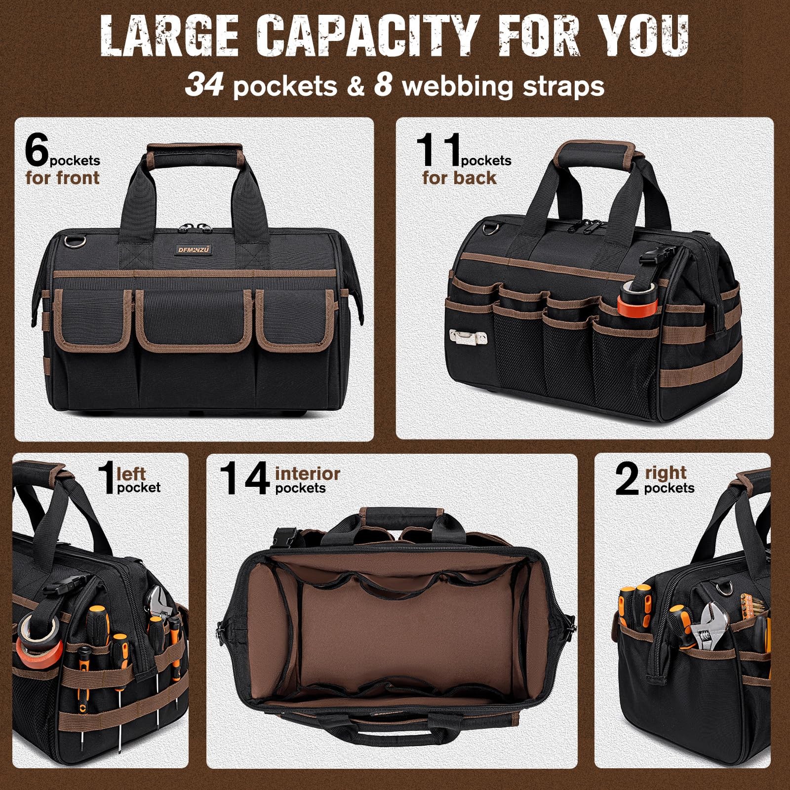 16.5-Inch Heavy Duty Tool Bags for Men, 34-Pockets Large Tool Bag with Adjust…