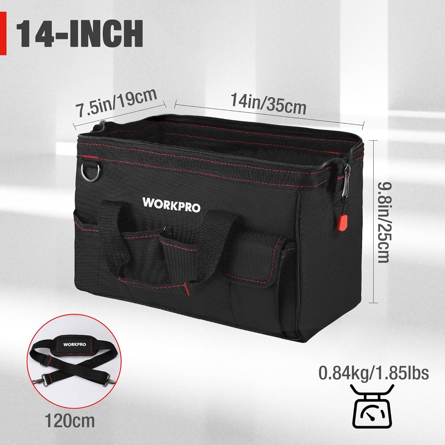 Durable 14-Inch Multi-Pocket Tool Bag with Adjustable Shoulder Strap in Black