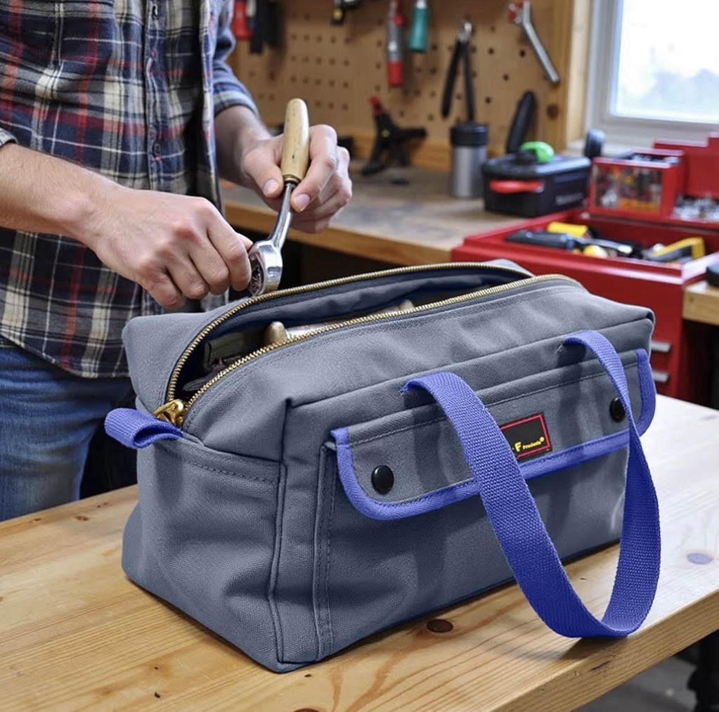 Canvas Tool Bag Navy Blue 10.5” Utility Organizer Travel Electrician Zipper Tote