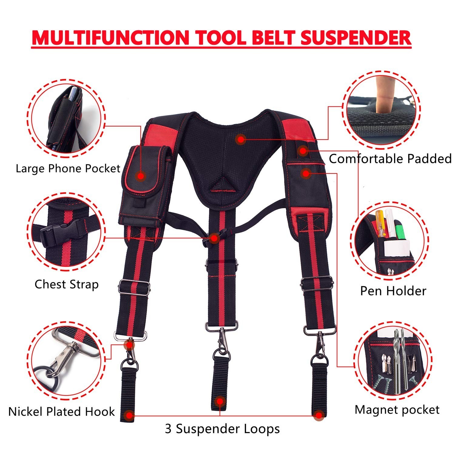 AISENIN Tool Belt Suspenders Construction Work Suspenders with Magnet Pocket,…