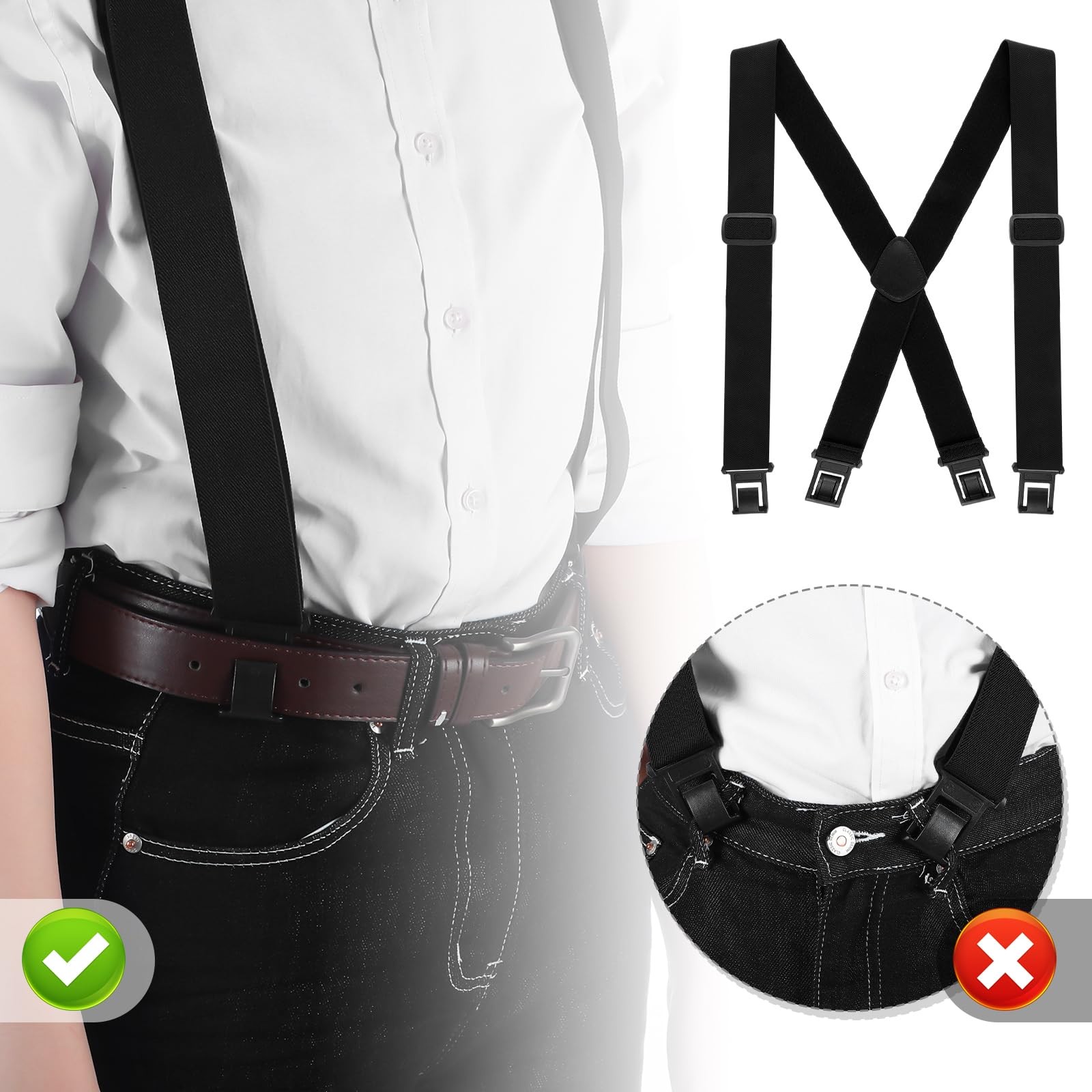 Yearntown 1.5 Inch Wide Men’s Belt Clip Suspenders x Back One Size, Black
