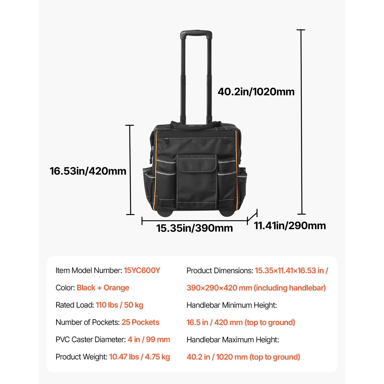 Rolling Tool Bag with Wheels 110 lbs Load Capacity 25 Pockets for Heavy Duty Use