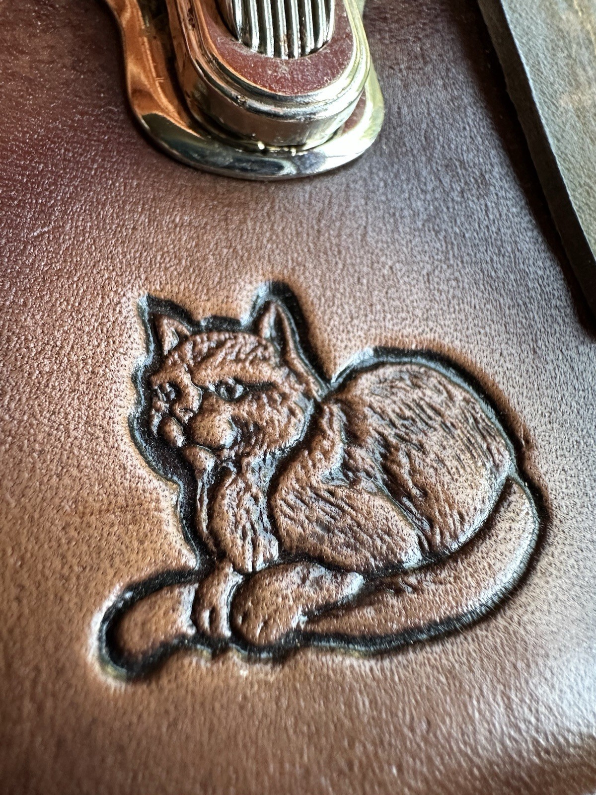 Brown Leather Pouch w/ Belt Loop, Snap Flap Closure, Embossed Cat