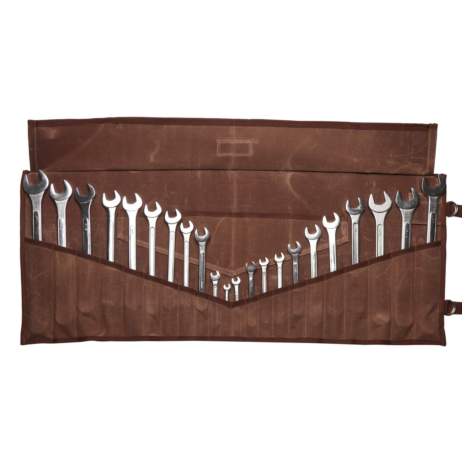BULL TOOLS 26 Pocket Wrench Organizer Roll-Up Waxed Canvas, Cinnamon Brown