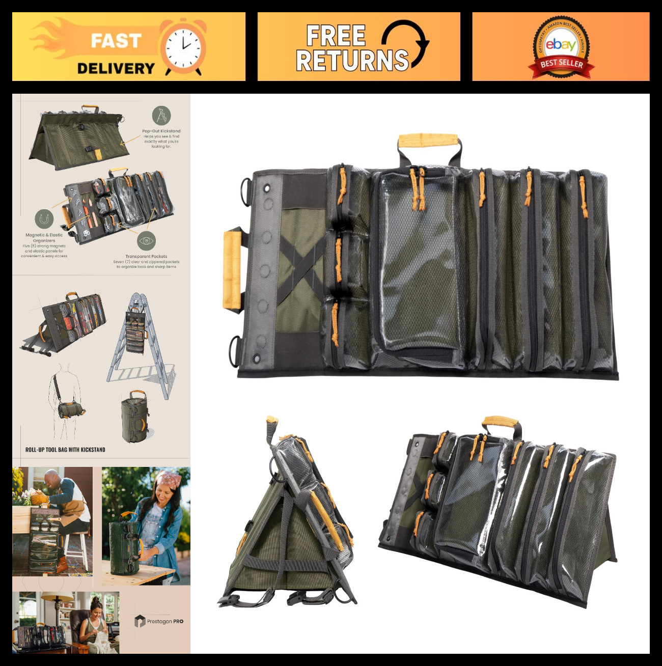Heavy Duty Roll Up Tool Bag Organizer – 7 Pockets, Kickstand, Magnetic & Elastic