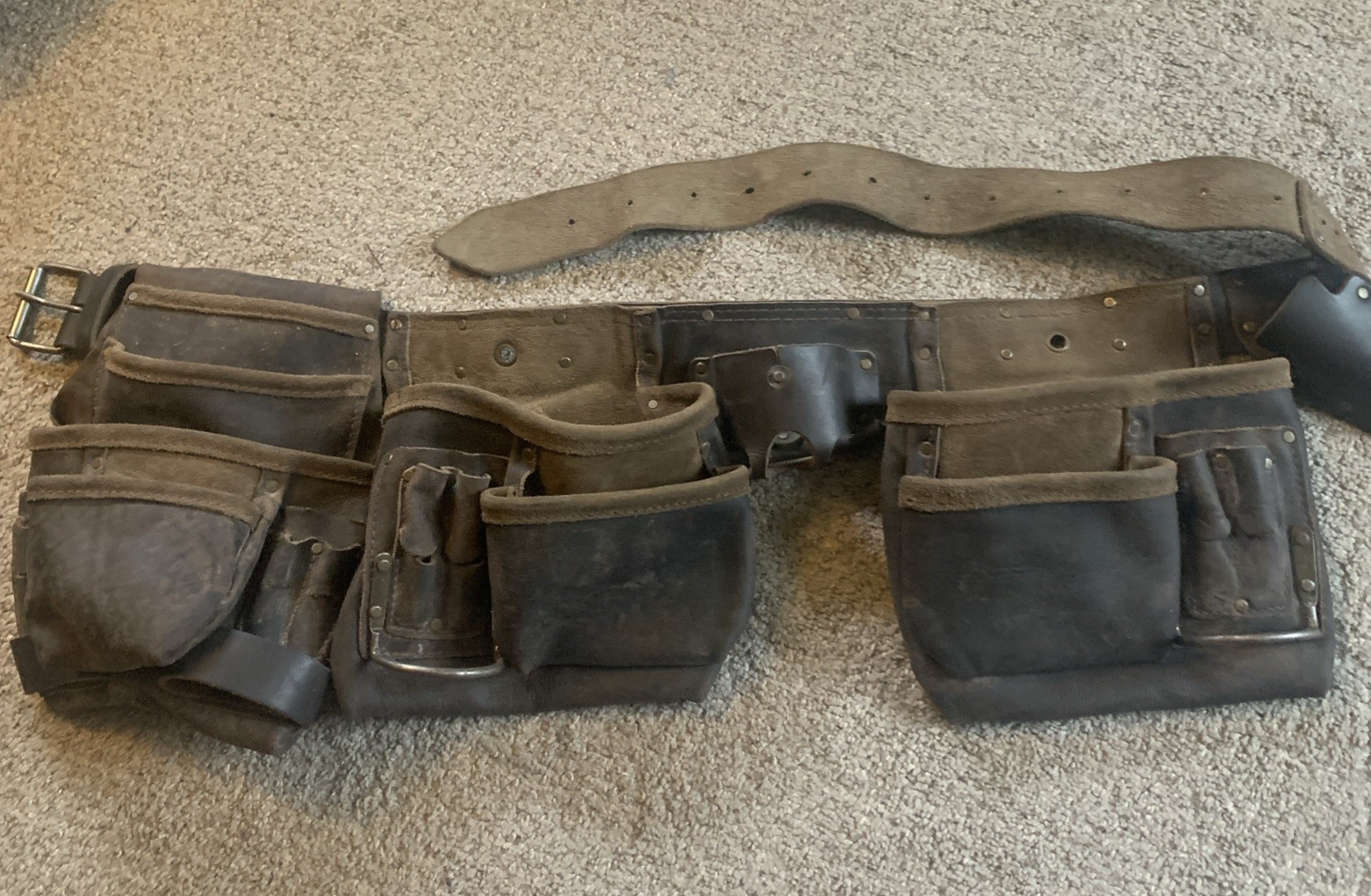 Vintage Heavy Duty Dual Pouch Leather Cowhide Tool Belt, Carpenter, Electrician