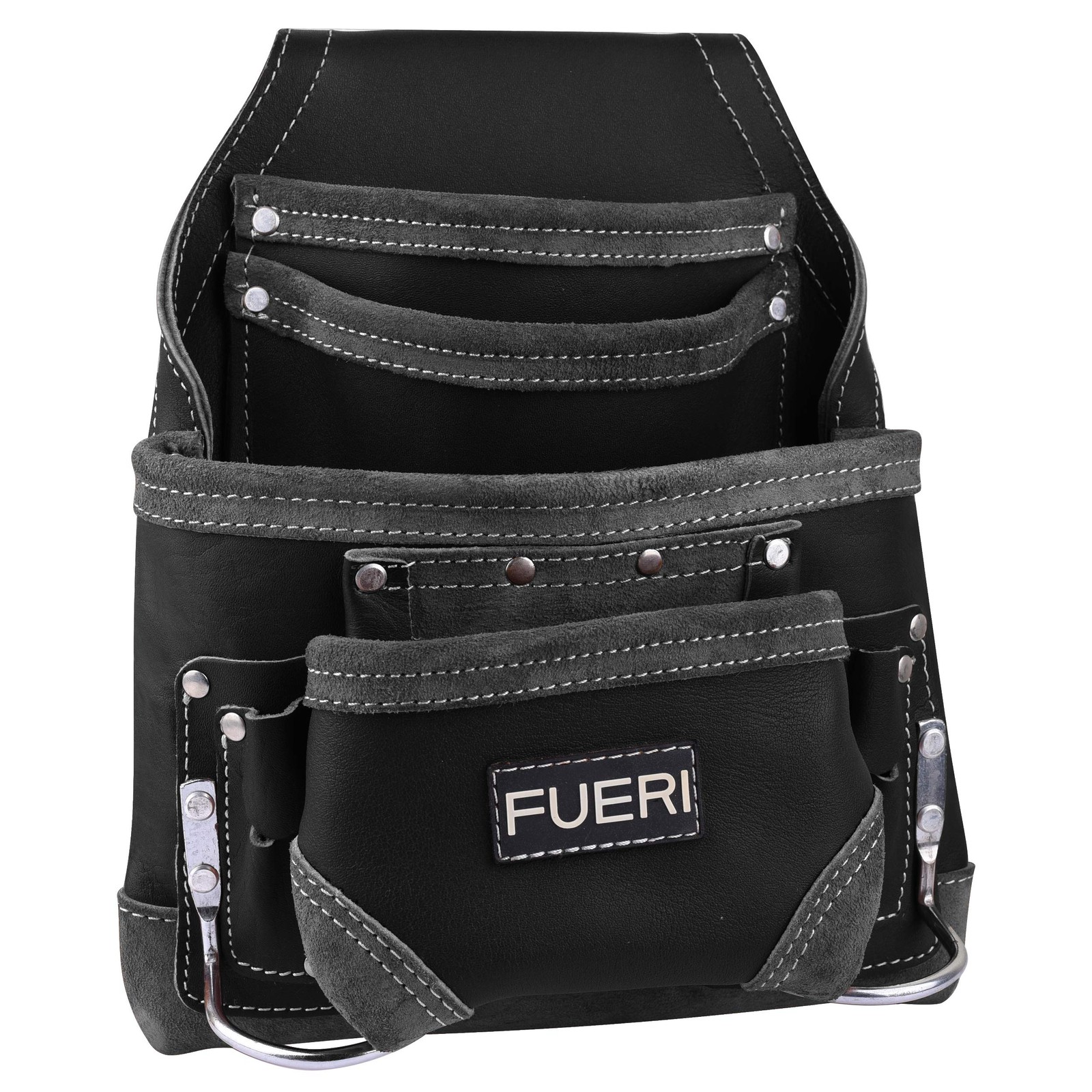 Fueri Black Full Grain Leather Tool Pouch Heavy Duty 10 Pockets Dual Hammer