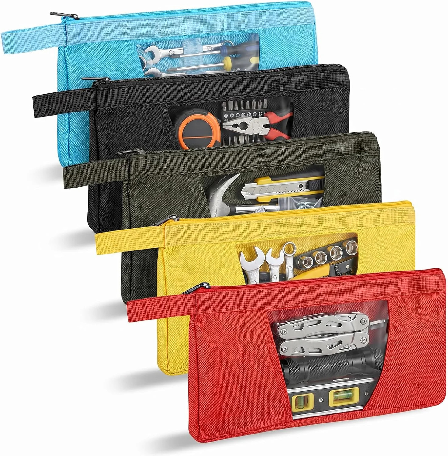 5 Pack Tool Pouch with Clear Window, 12inch Heavy Duty Canvas Tool Bag Organizer