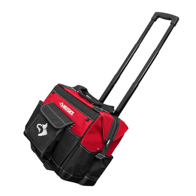 14 in. Zipper Top Rolling Water Resistant Tool Tote Bag, Telescoping Handle Red