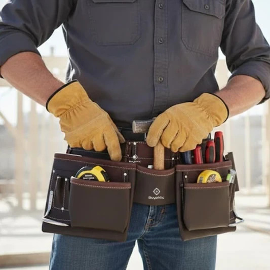 Leather Tool Belt Pouch Bag, 12-Pocket Extra Large Tool Belt, Fits 28″–40″ Waist