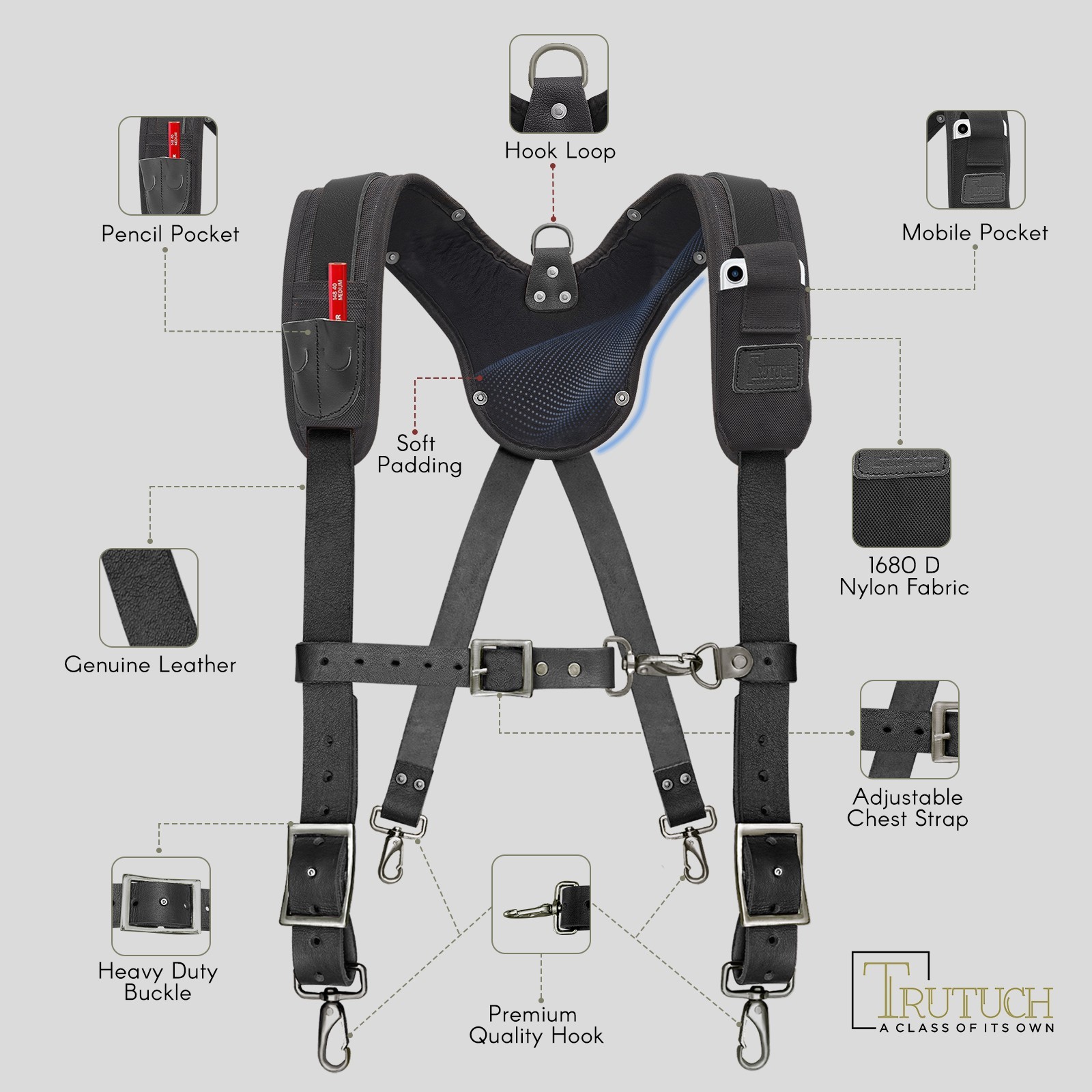 TRUTUCH Nylon and Leather Tool Belt with Leather Work Suspender | Construction