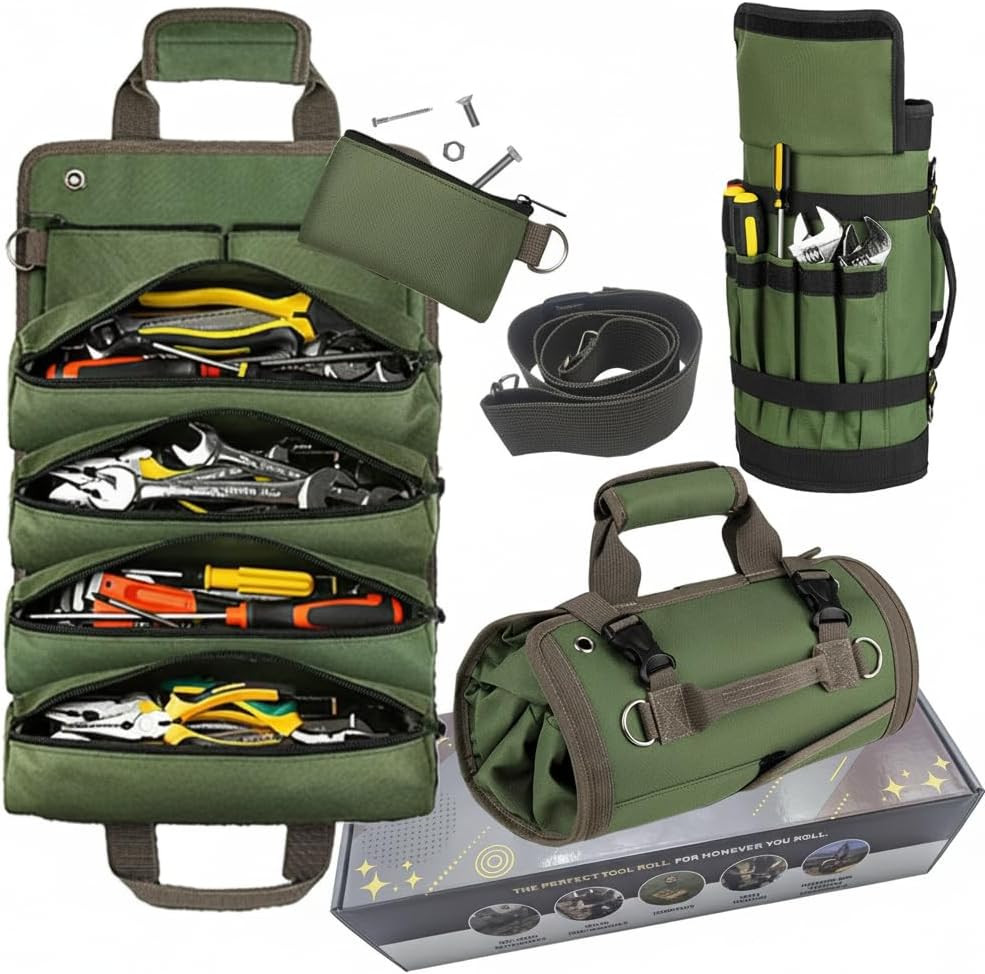 Upgraded Heavy Duty Tool Roll up Bag Organizer with 6 Zipper Pockets – Canvas Wr