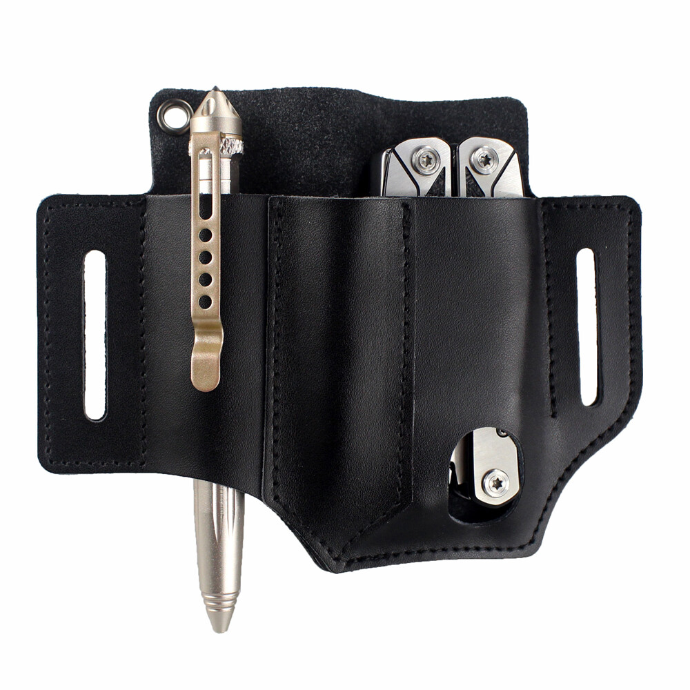 3-Pocket Belt Leather Tools Sheath Pouch EDC Pen Knife Flashlight Organizer