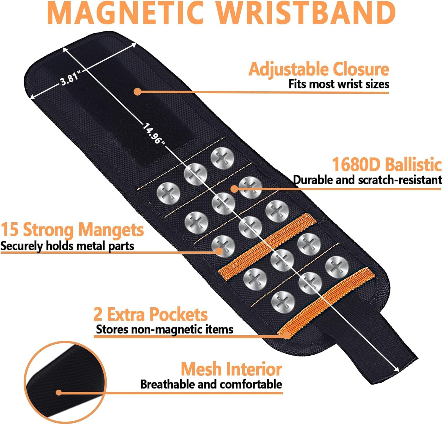 Magnetic Wristband for Tools, Screws, Nails and Drill Bits, Made from 15 Strong