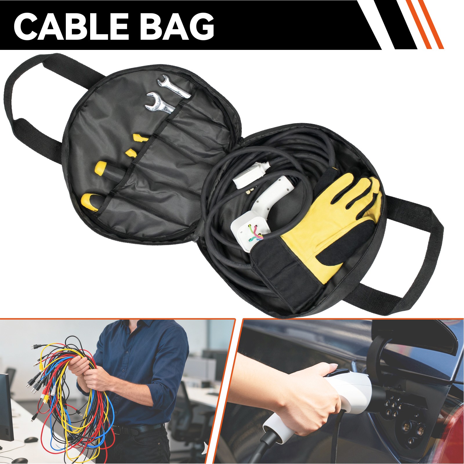 25ft Jumper Cable Bag Pockets EV Battery Charger Cord Car RV Hose Tool Storage