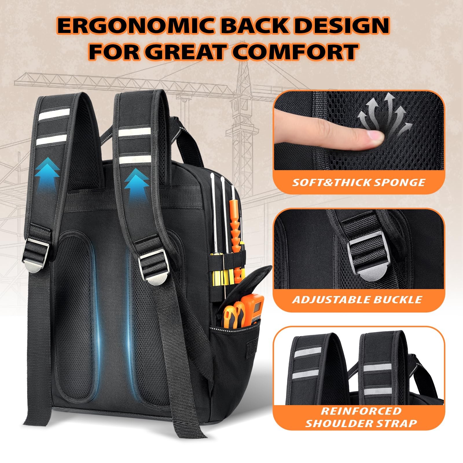 Tool Bag Backpack 18 Pockets Heavy Duty Storage Organizer Black Padded HVAC