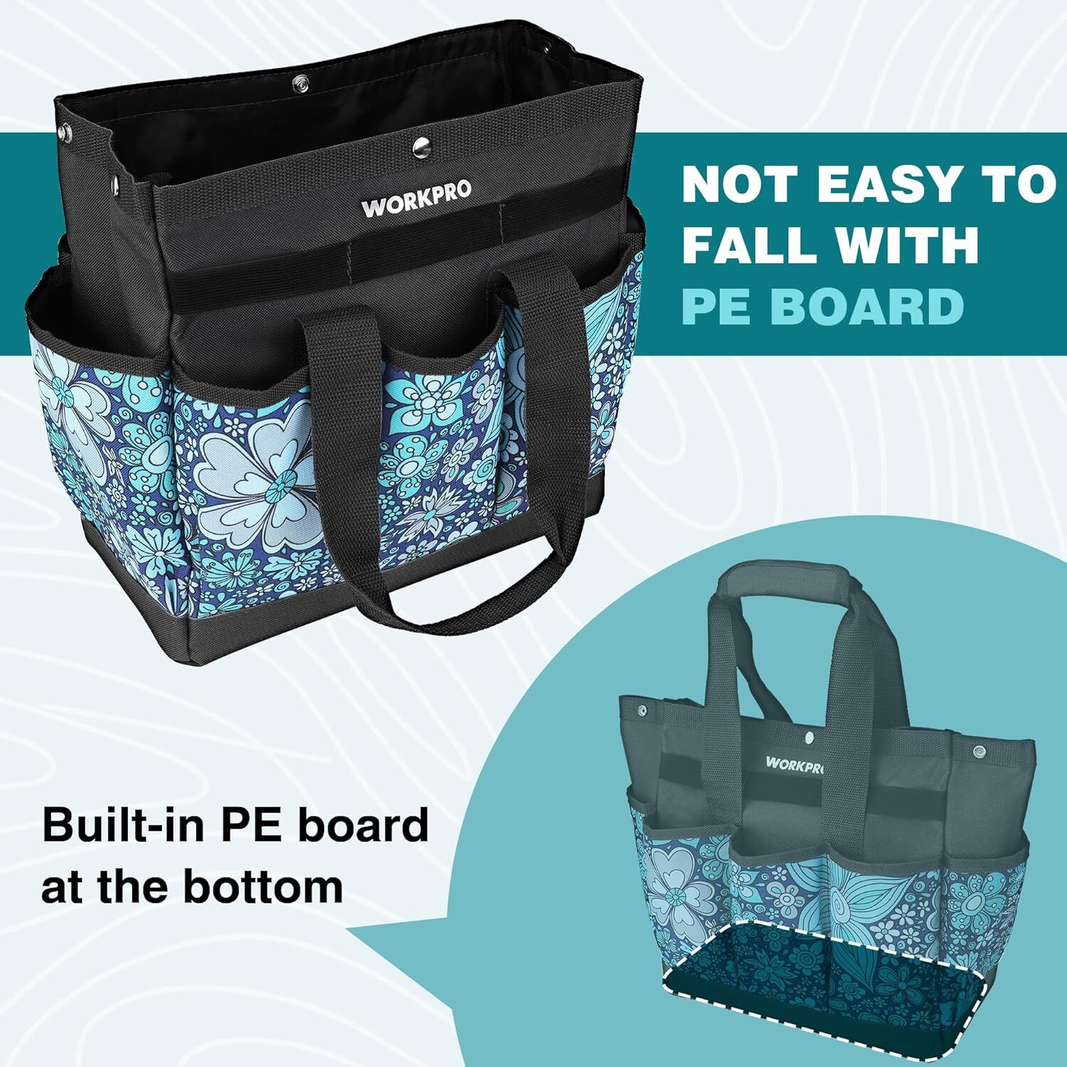WORKPRO Garden Tool Bag, 9 Pockets Garden Tote Bag 12″ x 12″ x 6″ (Floral Blue)