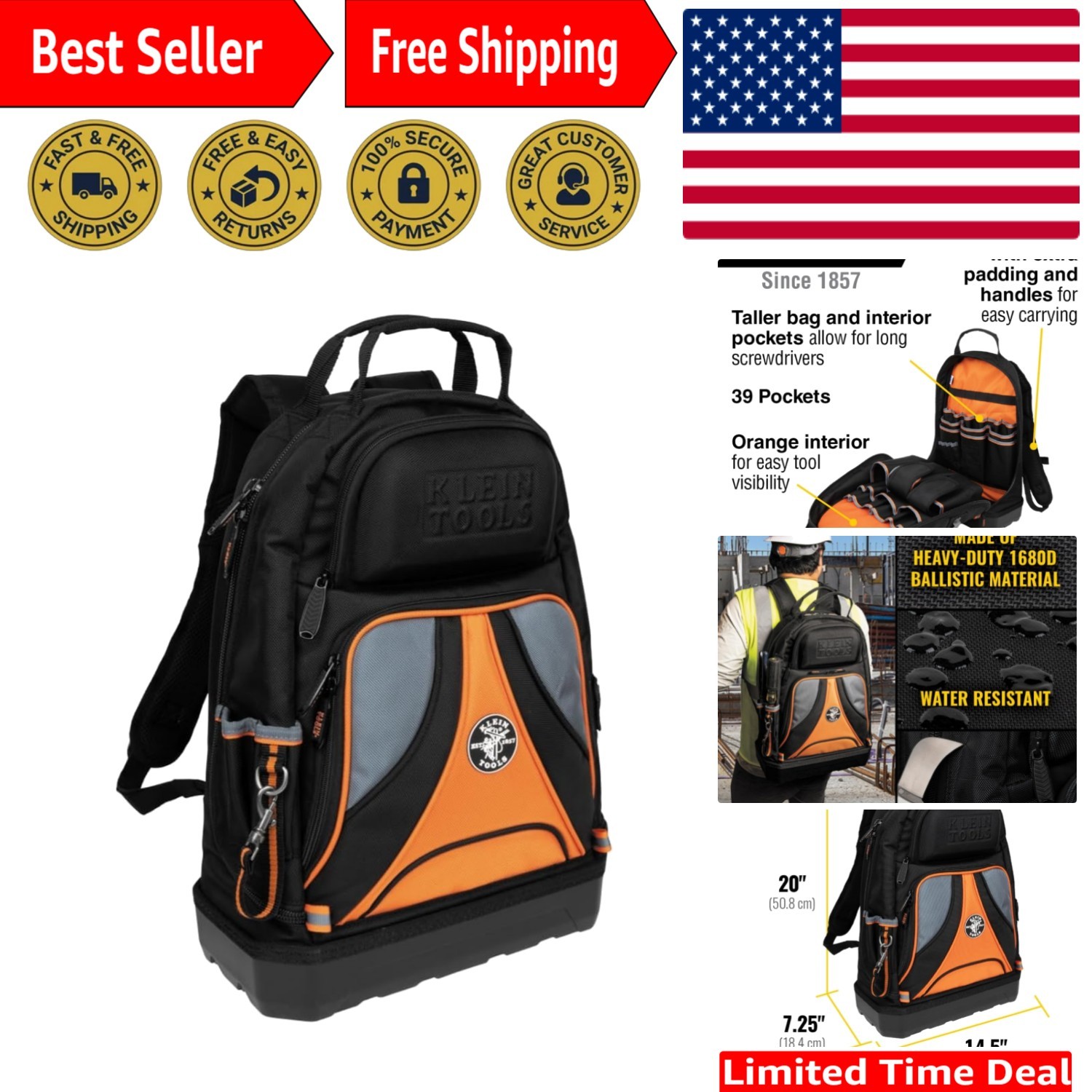 Heavy-Duty Tool Bag Backpack – 39 Pockets & Bright Interior for Easy Access