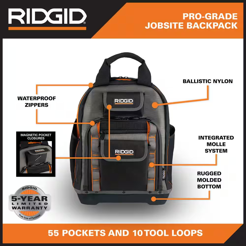 RIDGID 15 In. 55 Pocket Professional Grade Tool Backpack