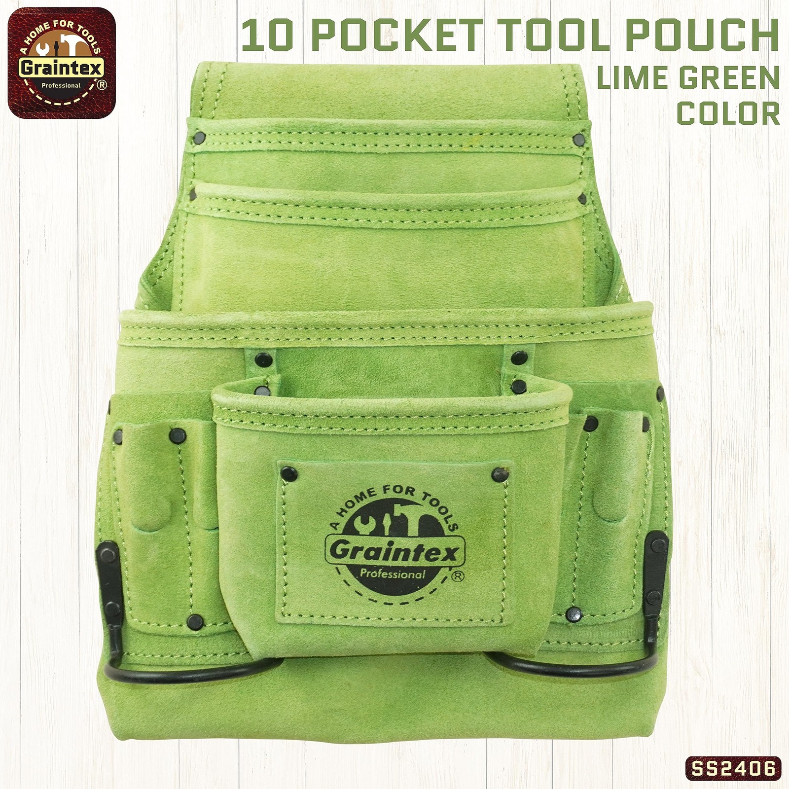 10 Pocket Nail & Tool Pouch, Lime Green Color Suede Leather Tool Bag, Tool Be…