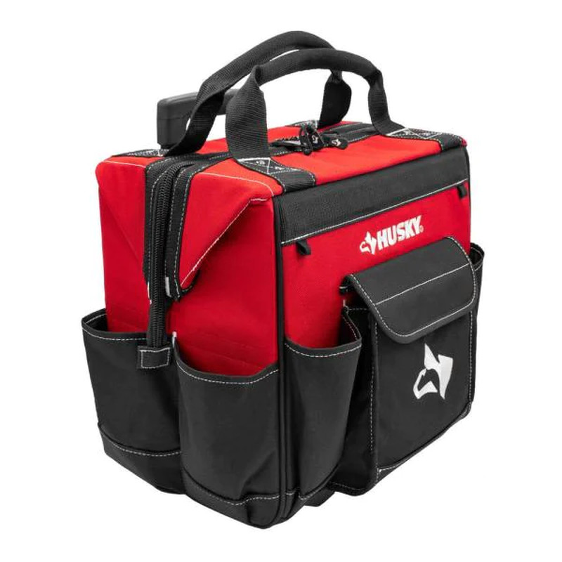 14 in. Zipper Top Rolling Water Resistant Tool Tote Bag, Telescoping Handle Red