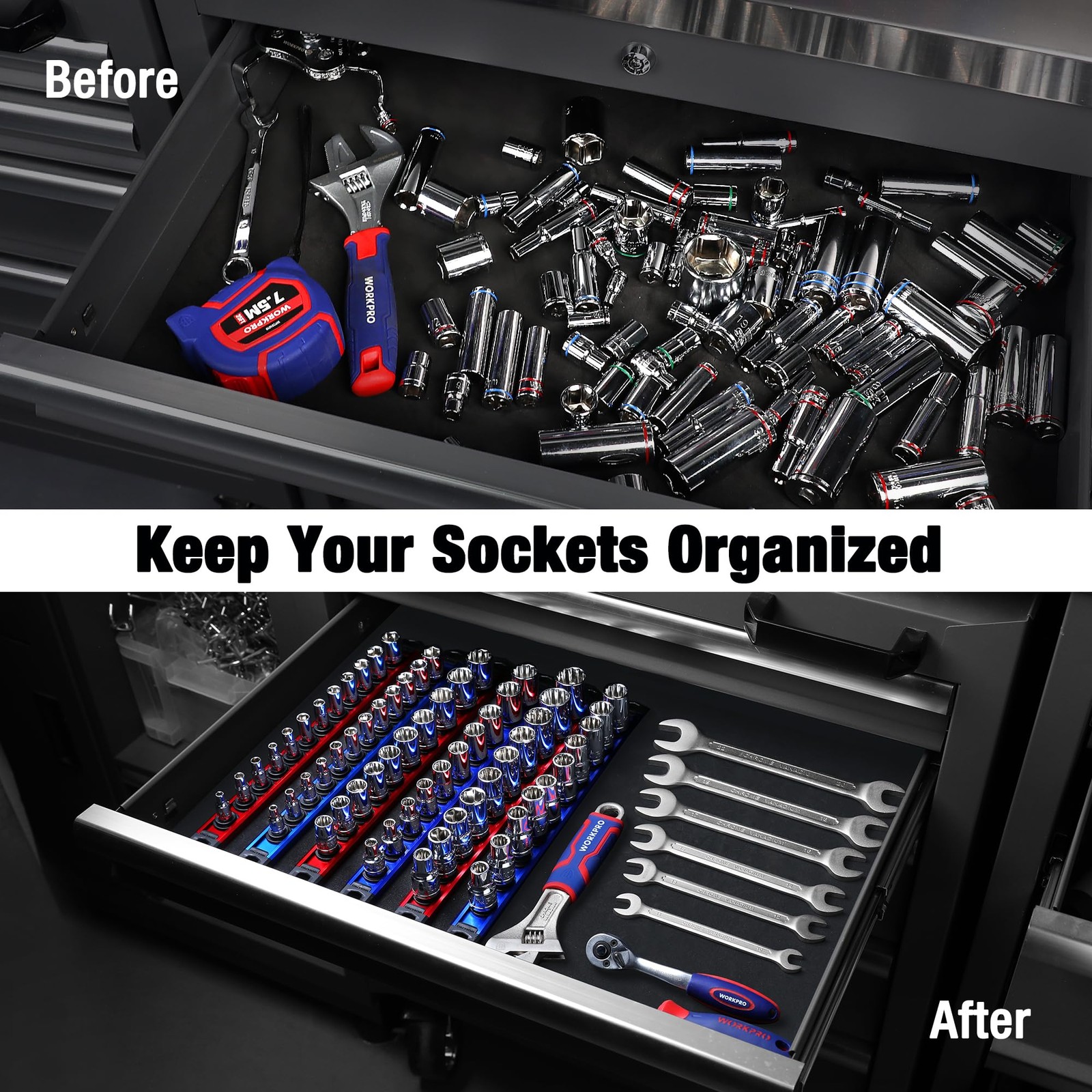WORKPRO Magnetic Socket Organizer Set, 3 Pieces-1/4″, 3/8″, & 1/2″ DR, Blue