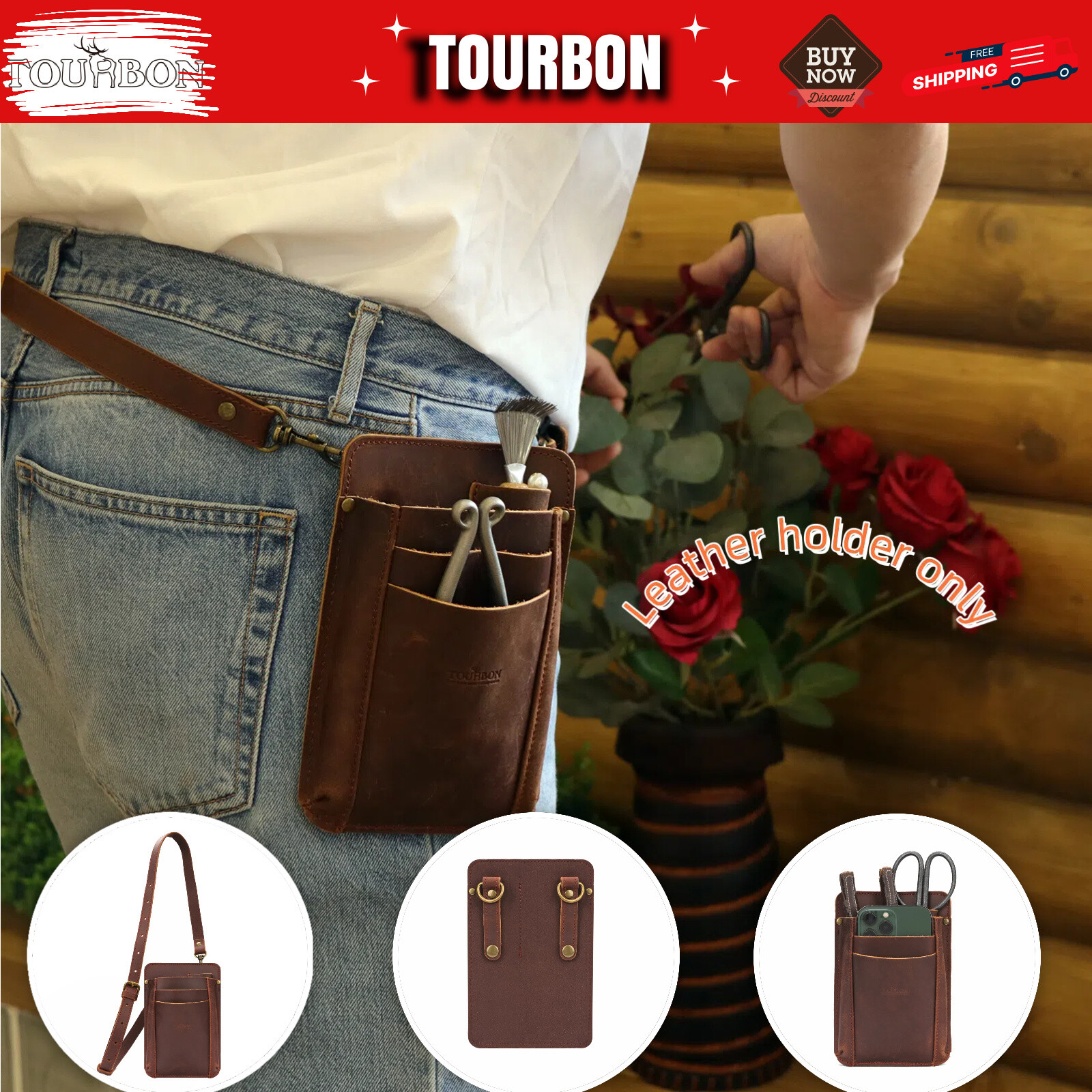 TOURBON Leather Garden Tool Florist Belt Pouch 3 Tool Pocket Phone Shoulder Pack