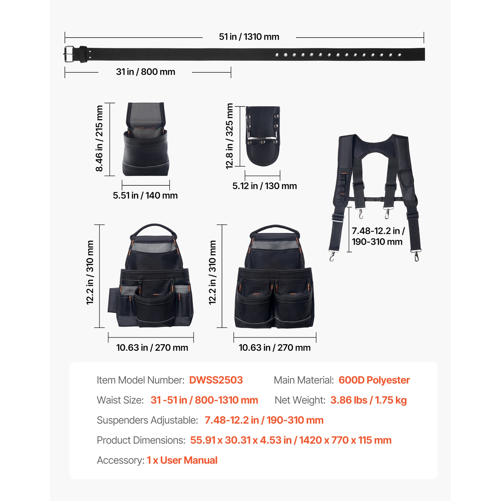 Uimoso Electrician’s Tool Belt with Suspenders and 19-Pocket Tool Pouch