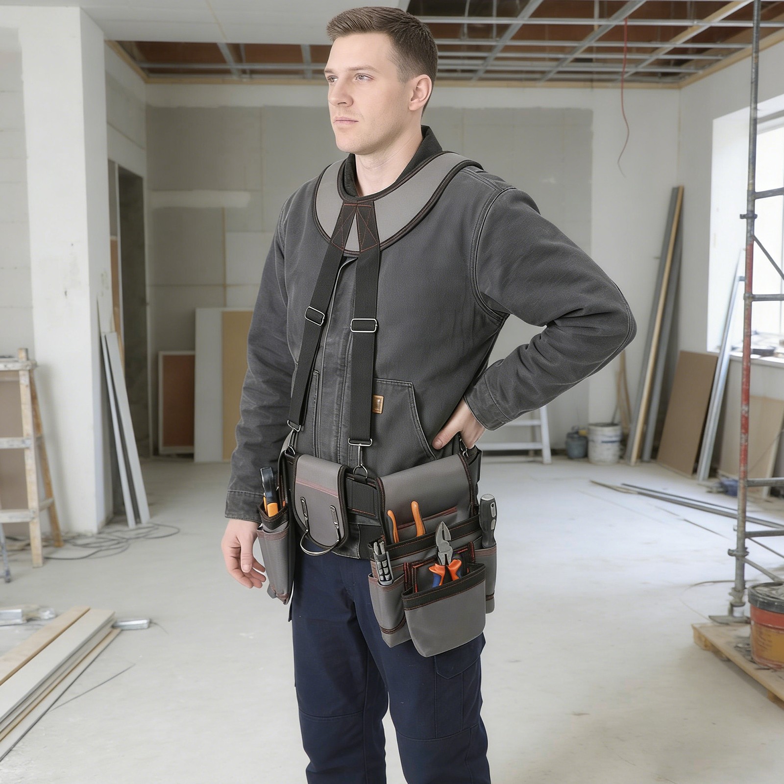 Heavy Duty Tool Bag with Suspenders, Multifunctional Electrician Tool Bag