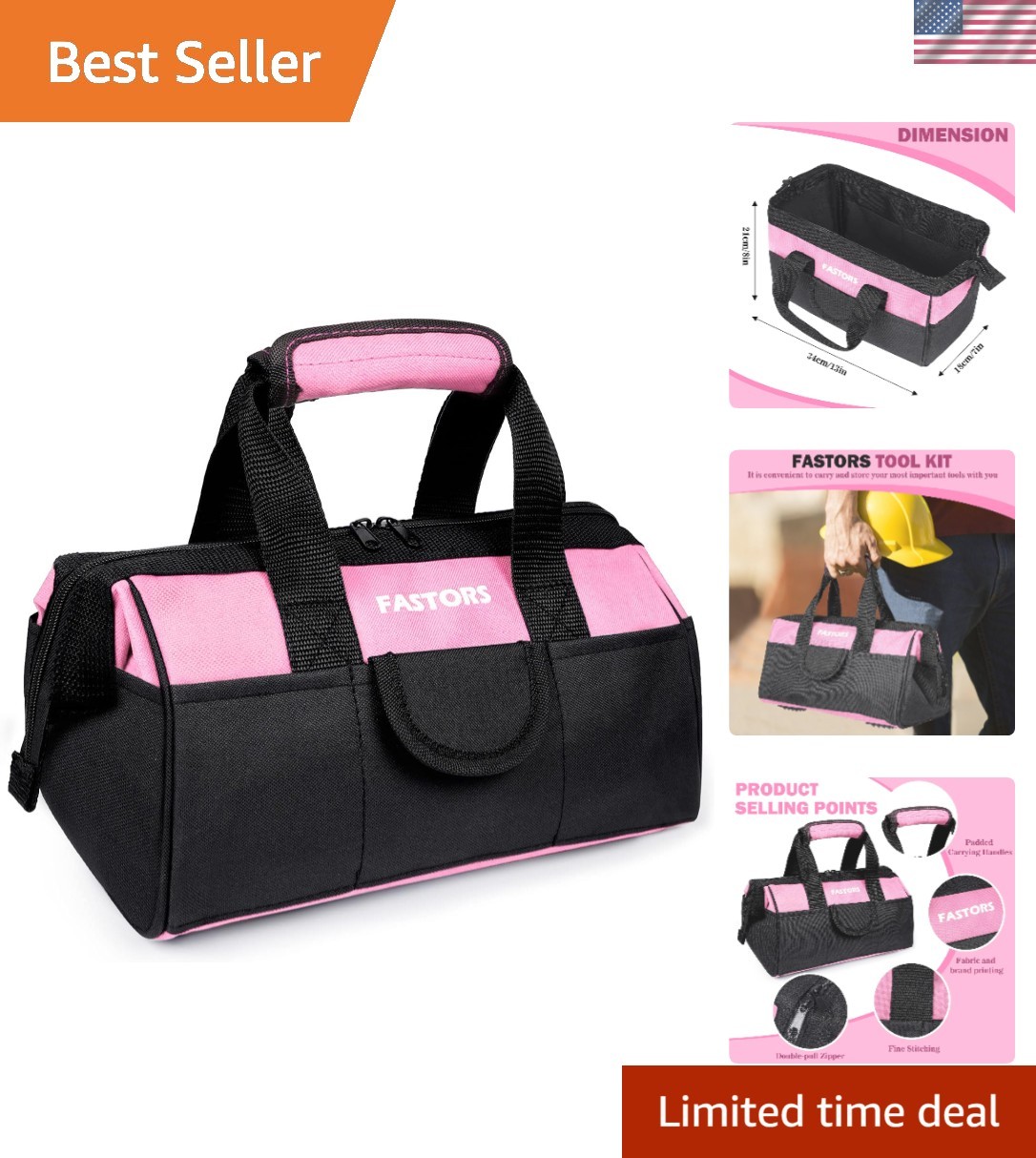 Versatile Pink Tool Bag for Women – 13″ with 10 Pockets & Easy Carrying Handles