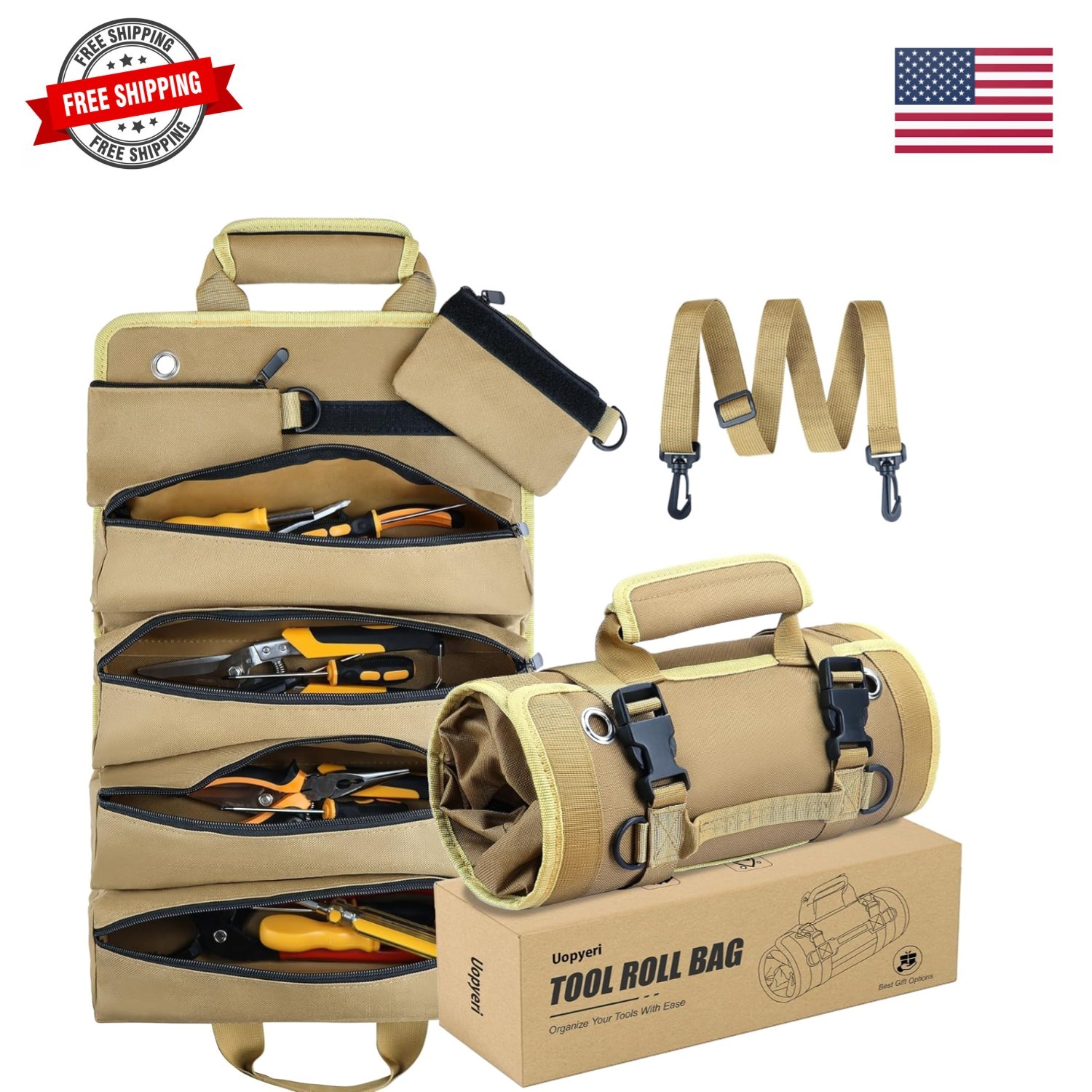 Roll Up Tool Bag, Heavy Duty Tool Organizer with 2 Detachable Pouches, Durabl…