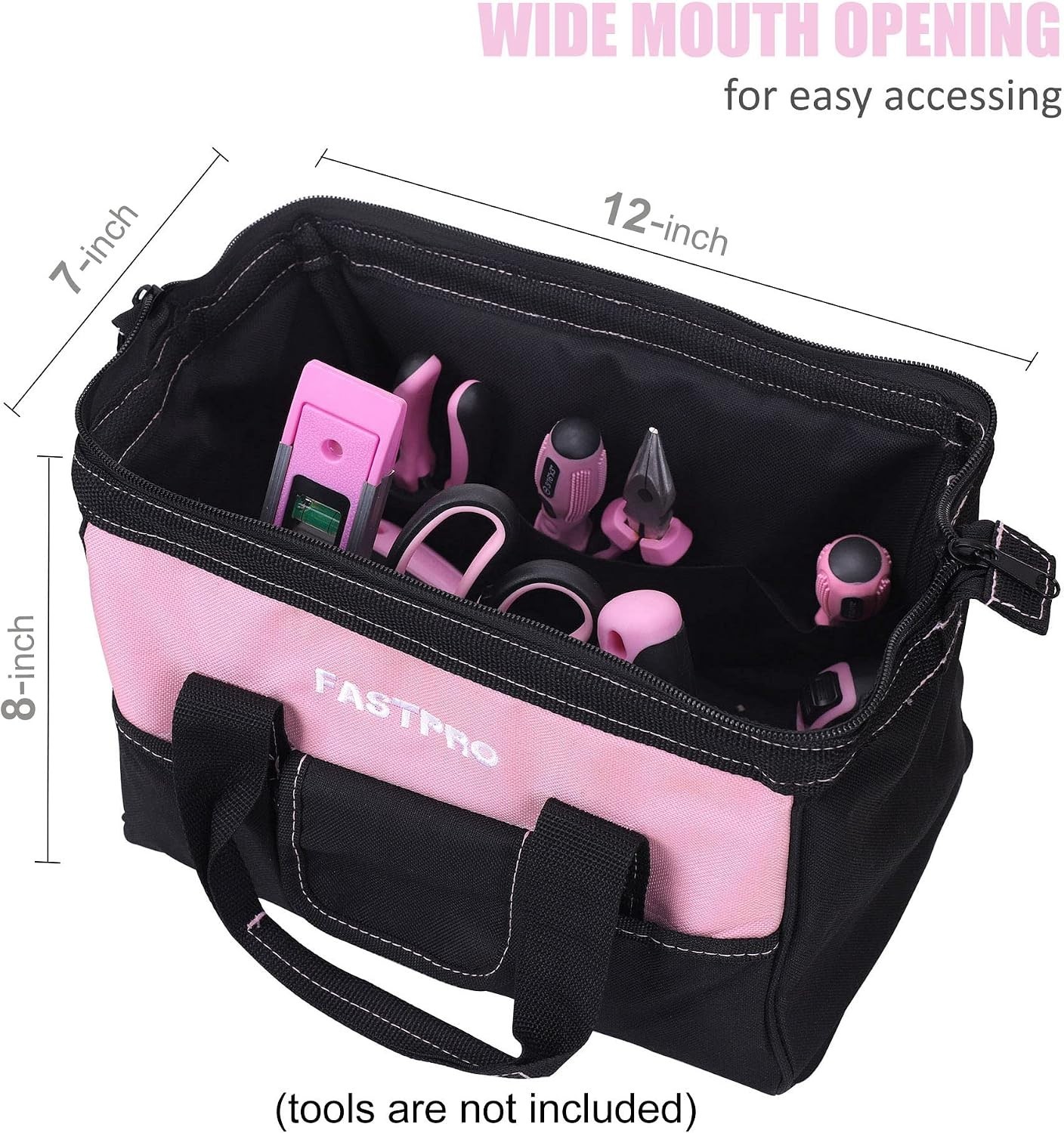 12-Inch Pink Tool Bag,Zip-top Wide Mouth Open Storage, 600D Polyester Fabric …