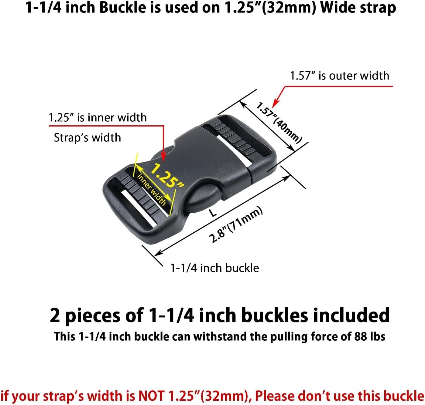 Heavy Duty 1-1/4 Inch Plastic Side Release Buckles 2 Sets Black Webbing Strap