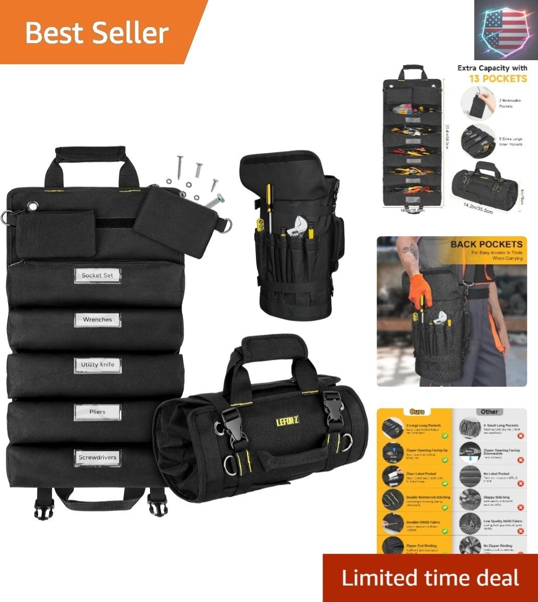 Tool Bag,Large Roll Up Tool Bag Organizer,13 Pockets Tool Roll Storage Pouch,..-
