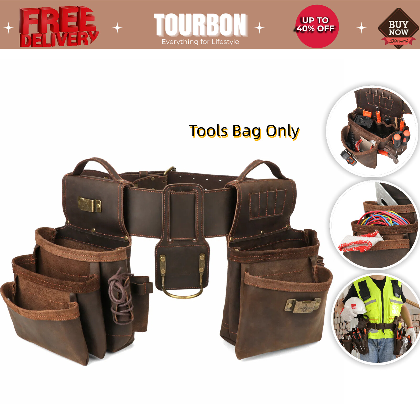 Tourbon Leather Tool Belt/Pouch/Bag/Holder Workshop Carpenter Framer Rig Pockets