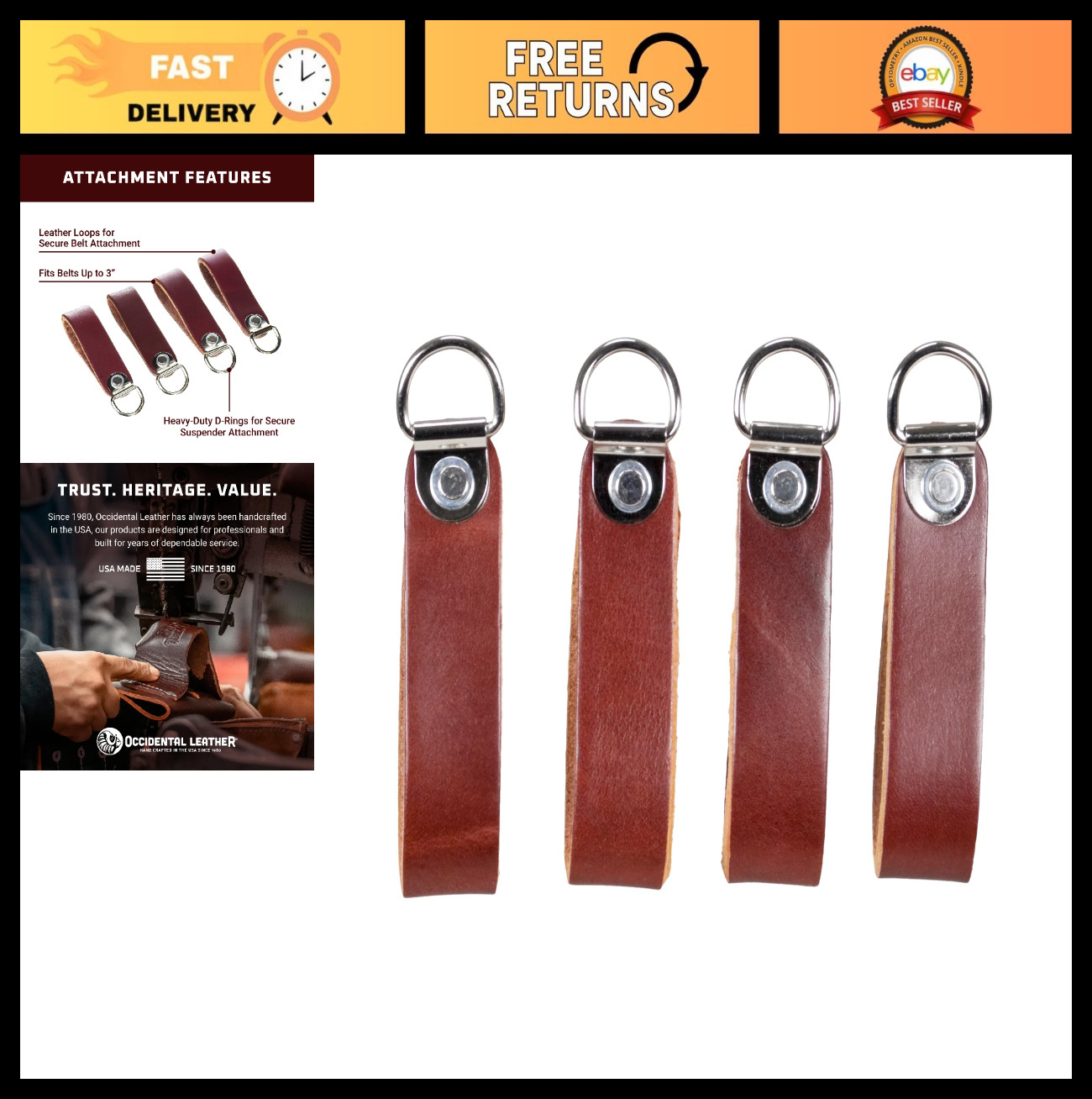 Suspender Loop Attachment Set for 3″ Work Belt – Heavy Duty, Made in USA