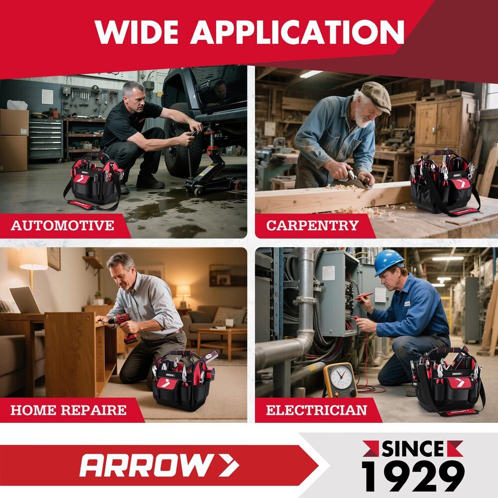 ARROW 12″ Tool Tote w/19 Pocket Hard Base Electrician Tool Bag Open Top Tool Bag