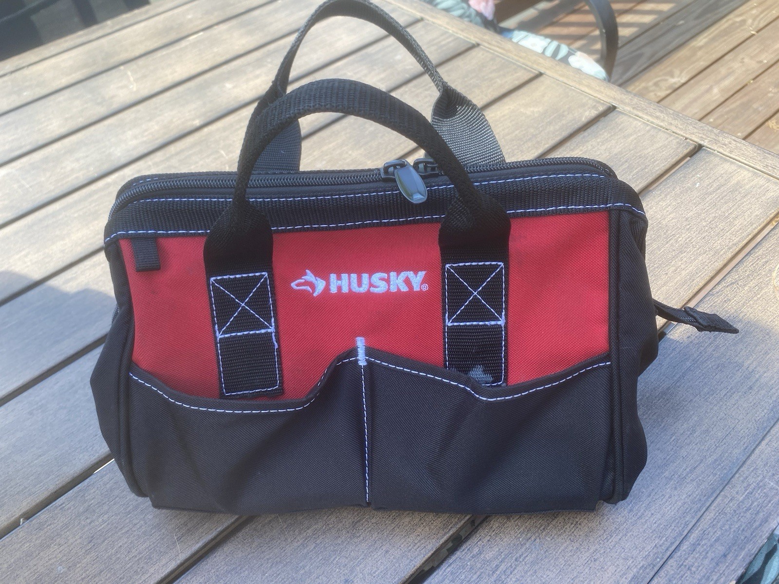 Husky tool bag 12W x 9H x 7D 4-Pocket Red and Black Nylon Zippered