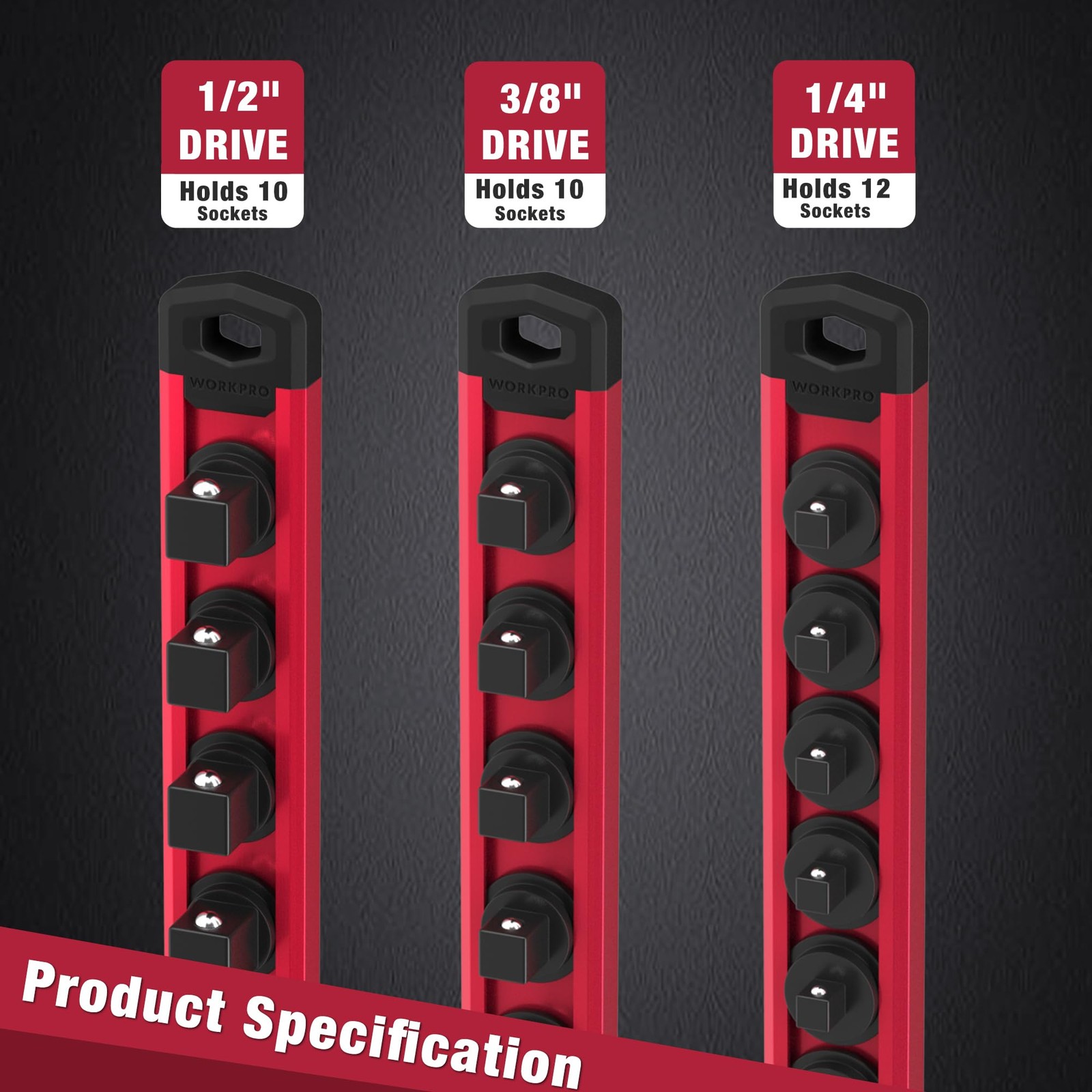 WORKPRO Magnetic Socket Organizer, 3/8-Inch Drive Aluminum Alloy 3/8″ DR, Red