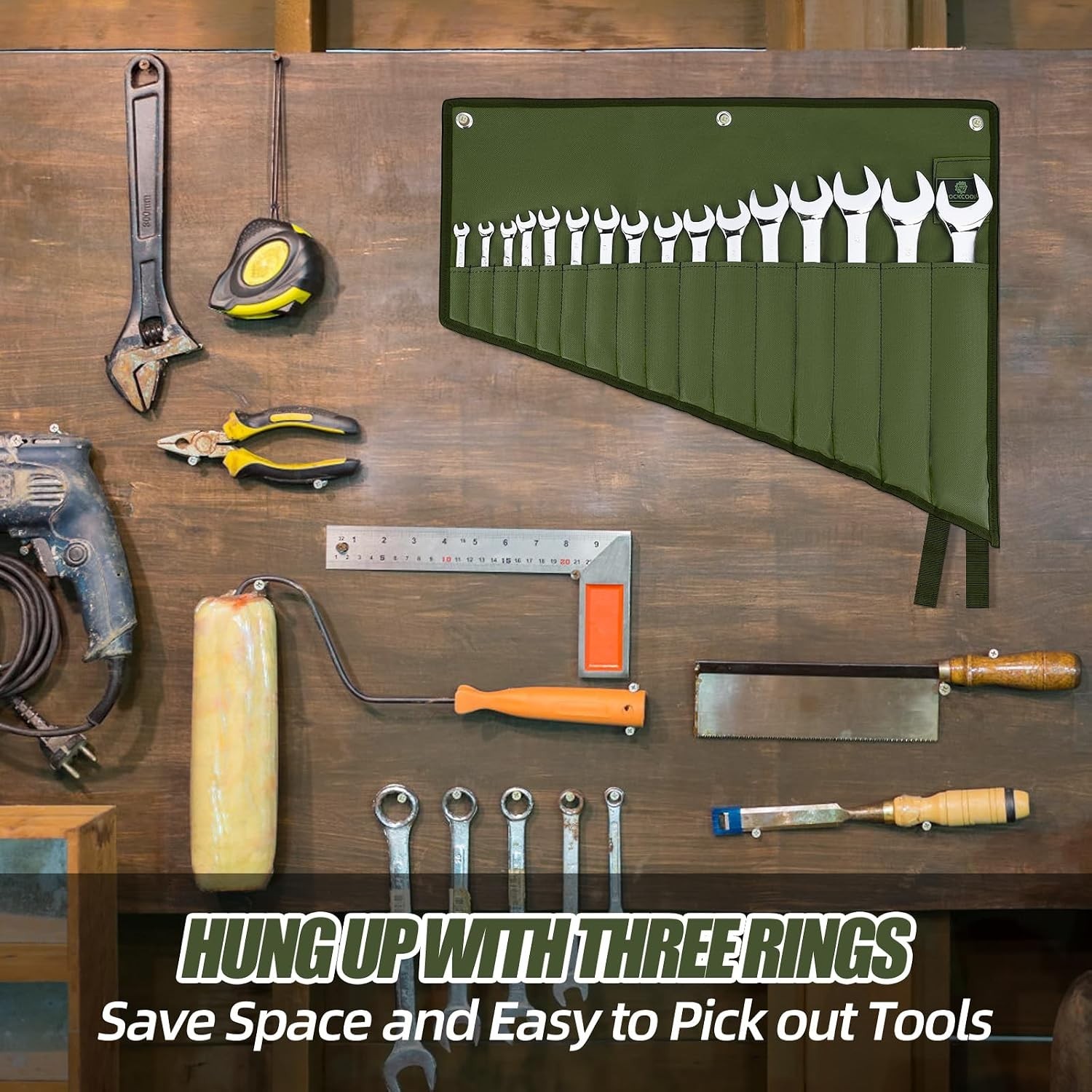 Compact & Lightweight Waterproof Wrench Roll – Organize with 16 Pockets in Green