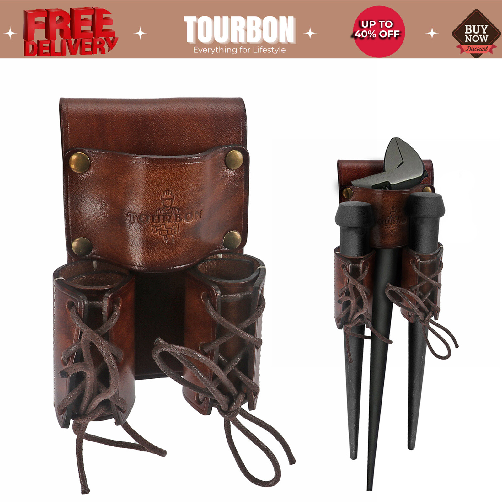 TOURBON Leather Spud Wrench Tool Iron Double Worker Bull Pin Holder Belt Pouch