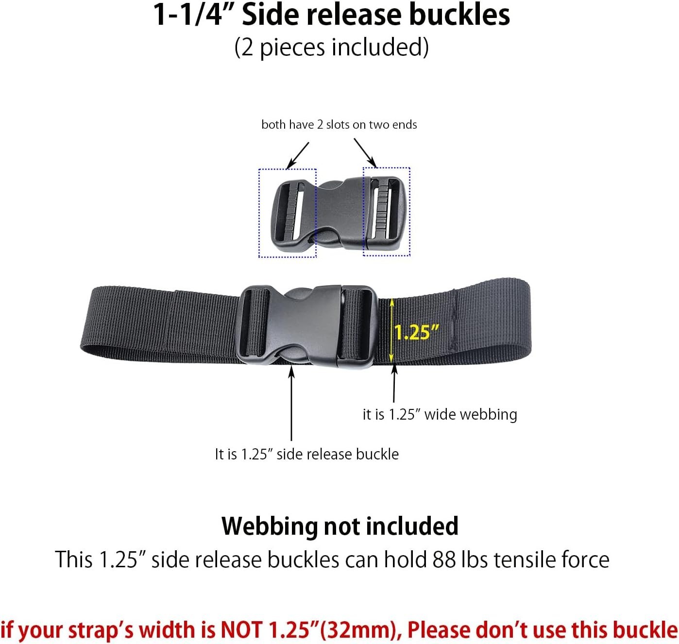 Heavy Duty 1-1/4 Inch Plastic Side Release Buckles 2 Sets Black Webbing Strap