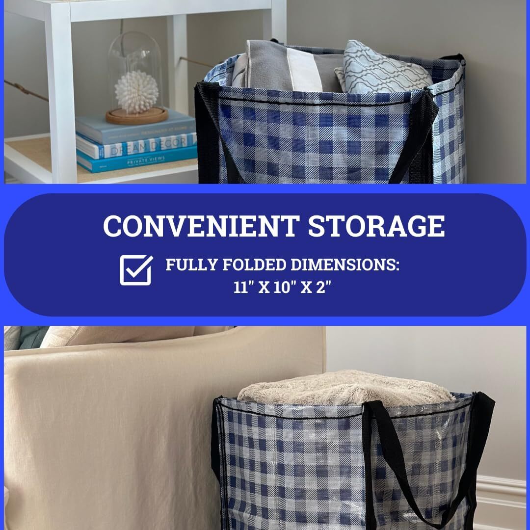 DURASACK Heavy Duty Storage Tote Bag 22-Gallon Rugged Pack of 4, Gingham Blue