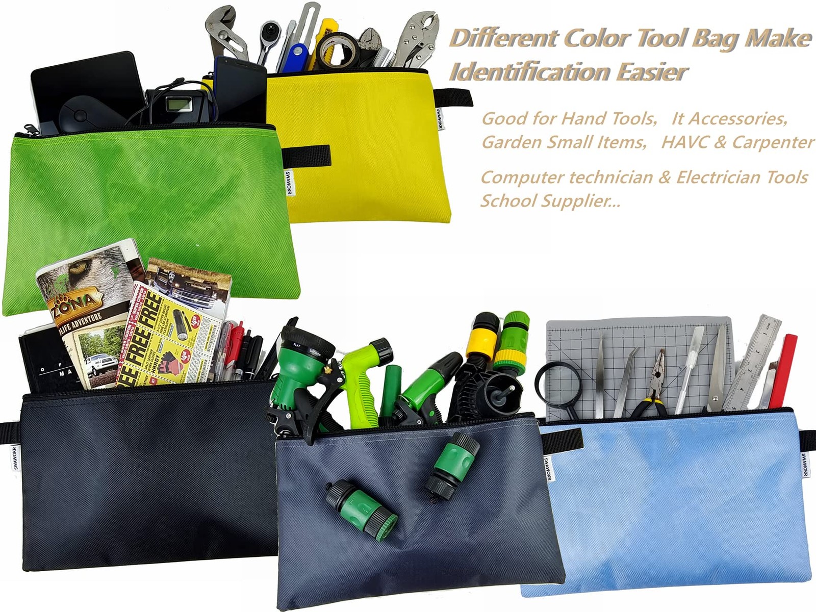 5 Pack 13×8 inch Tool Bag Zipper Pouch, Utility, Multipurpose Storage, Pencils