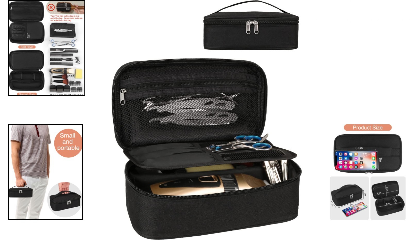 Double Layer Barber Tool Bag – Elegant Black Hair Clipper & Scissor Organizer